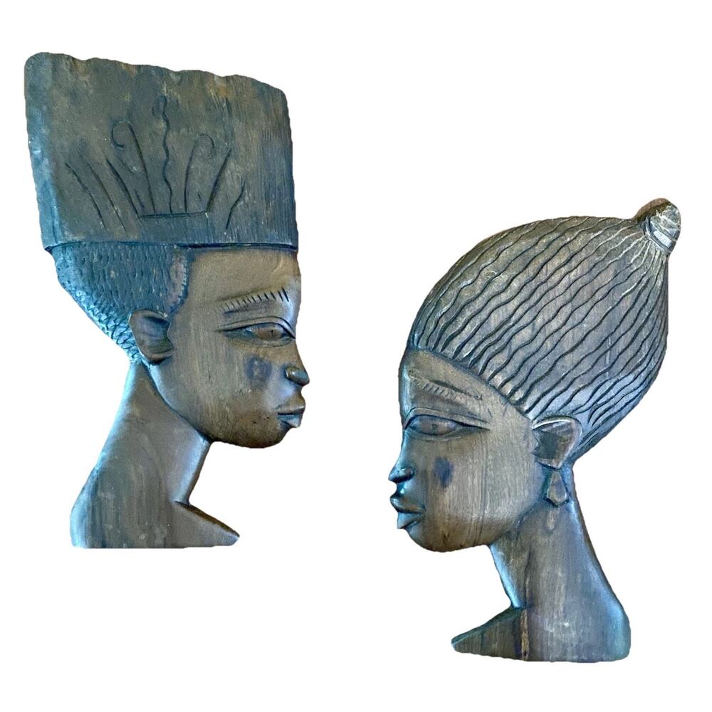 Vintage African Wall Plaques Hand Carved Wooden Heads Man And Women 9” Hanging.